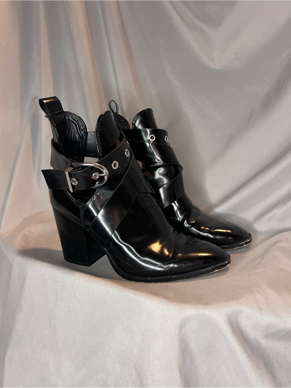 Zara Black Patent Leather Pointed Ankle Boots with Buckle Strap